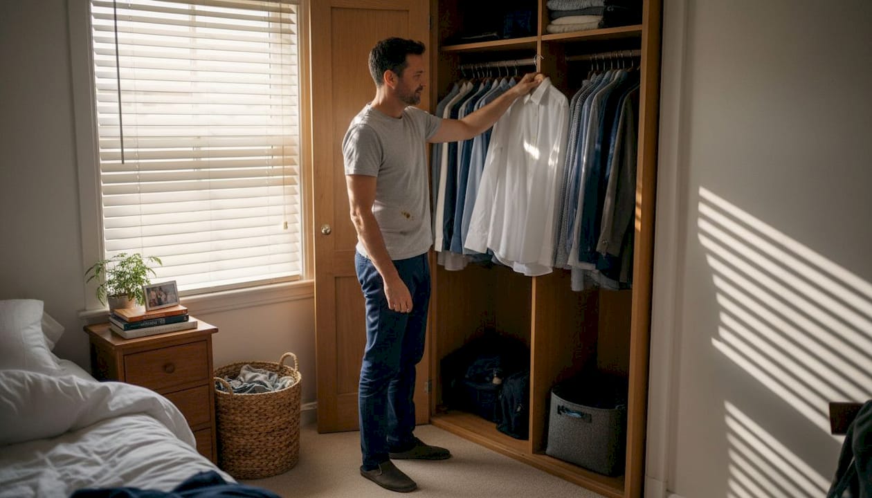Man choosing classic shirt from simple closet