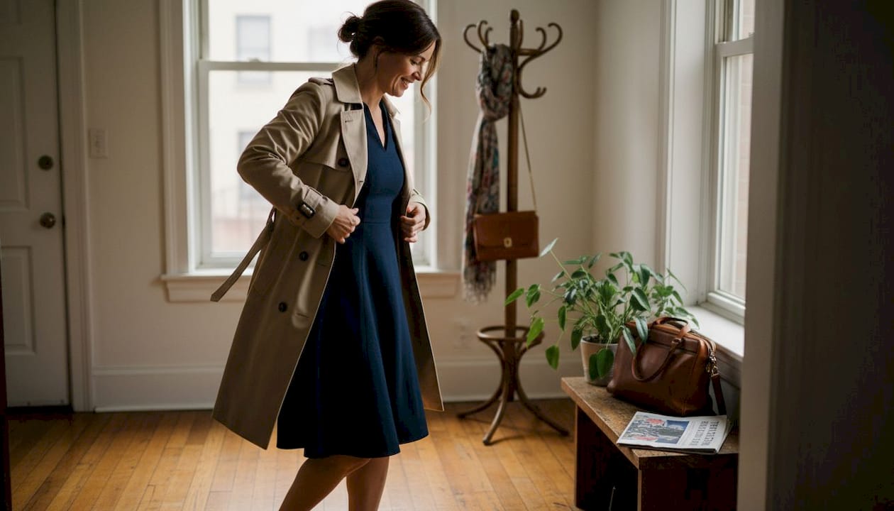 Woman putting on classic coat in bright apartment