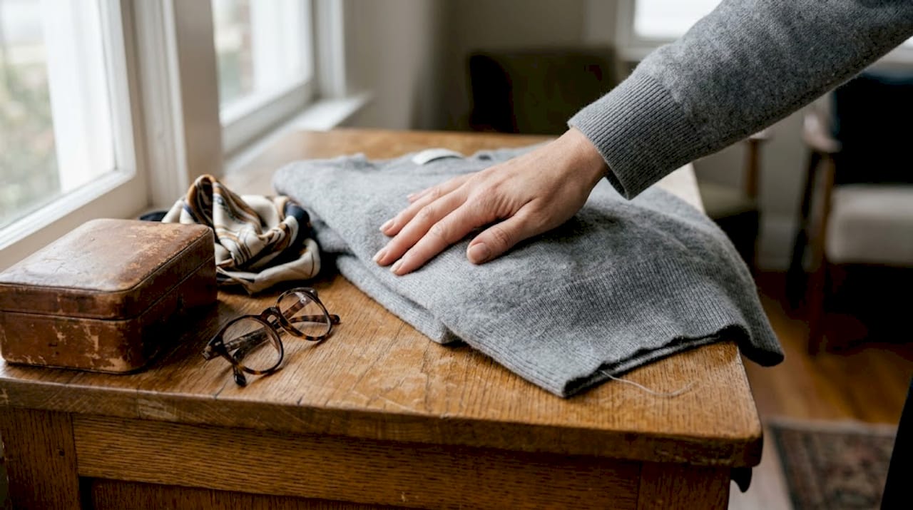 Hand smoothing luxury cashmere sweater detail