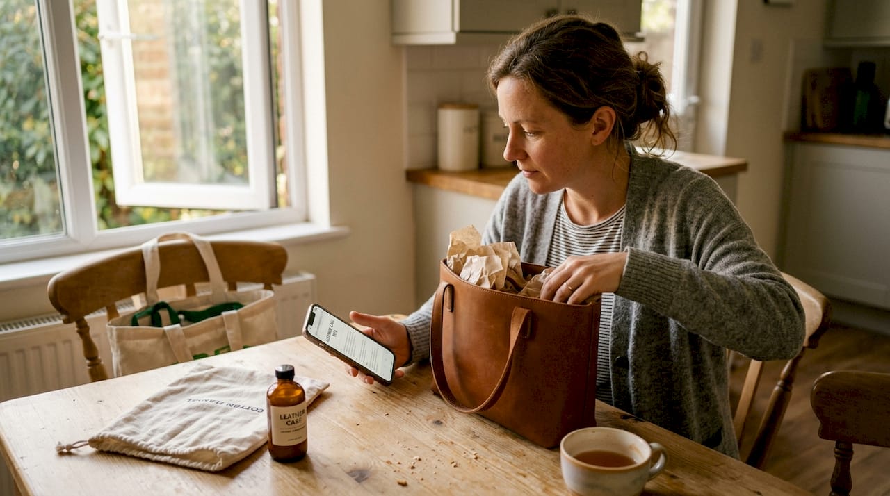 Woman caring for luxury handbag at home
