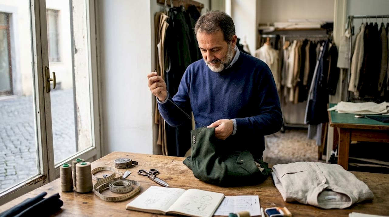 Italian tailor hand-stitching in sunlit studio