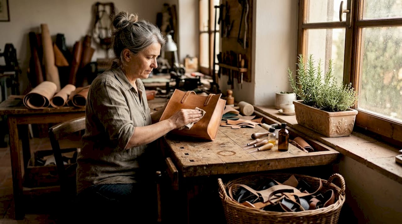Craftswoman working in Tuscan leather workshop
