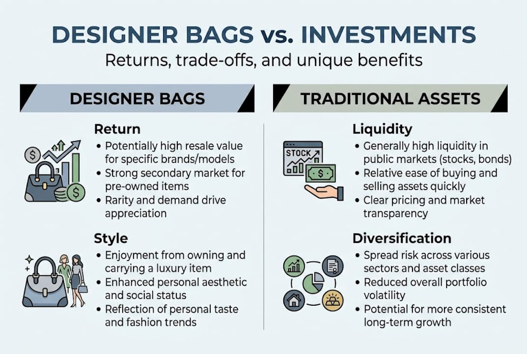 Infographic comparing designer bags to investments