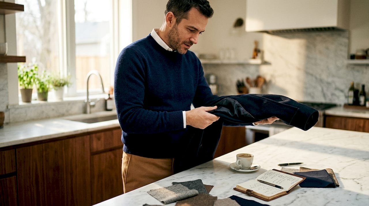 Man checking coat quality at kitchen island
