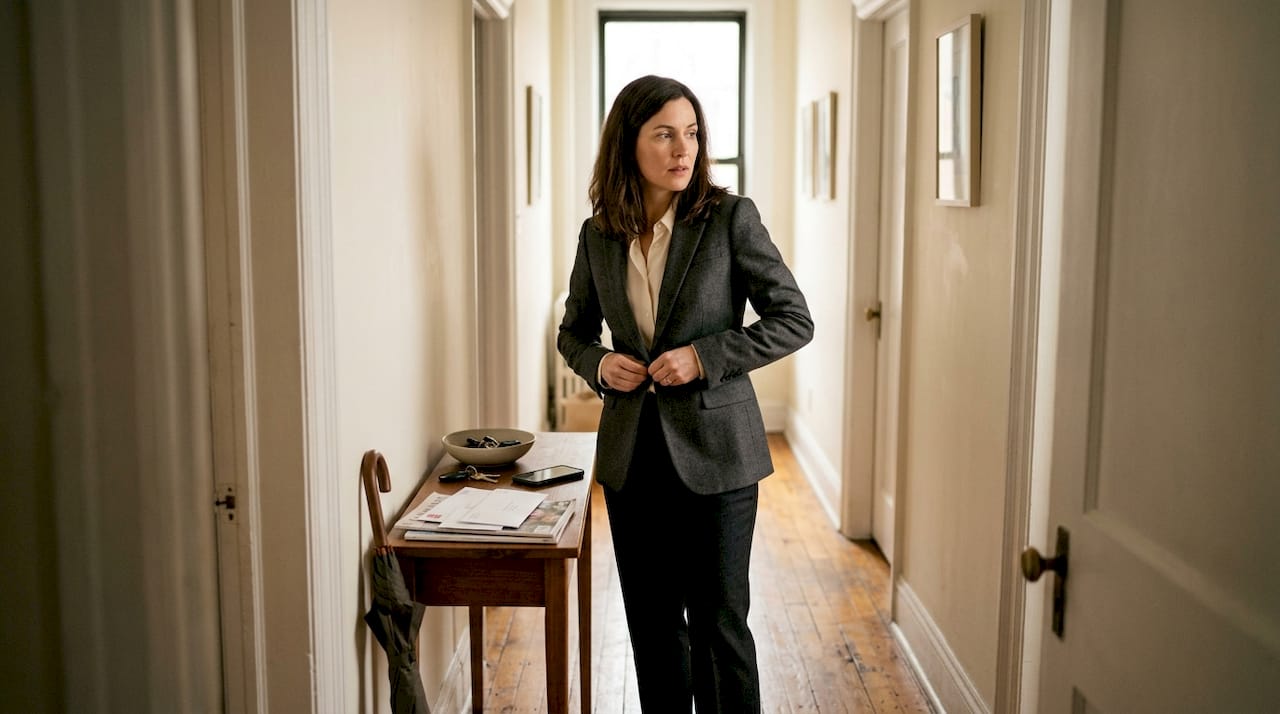 Woman buttoning blazer in apartment hallway