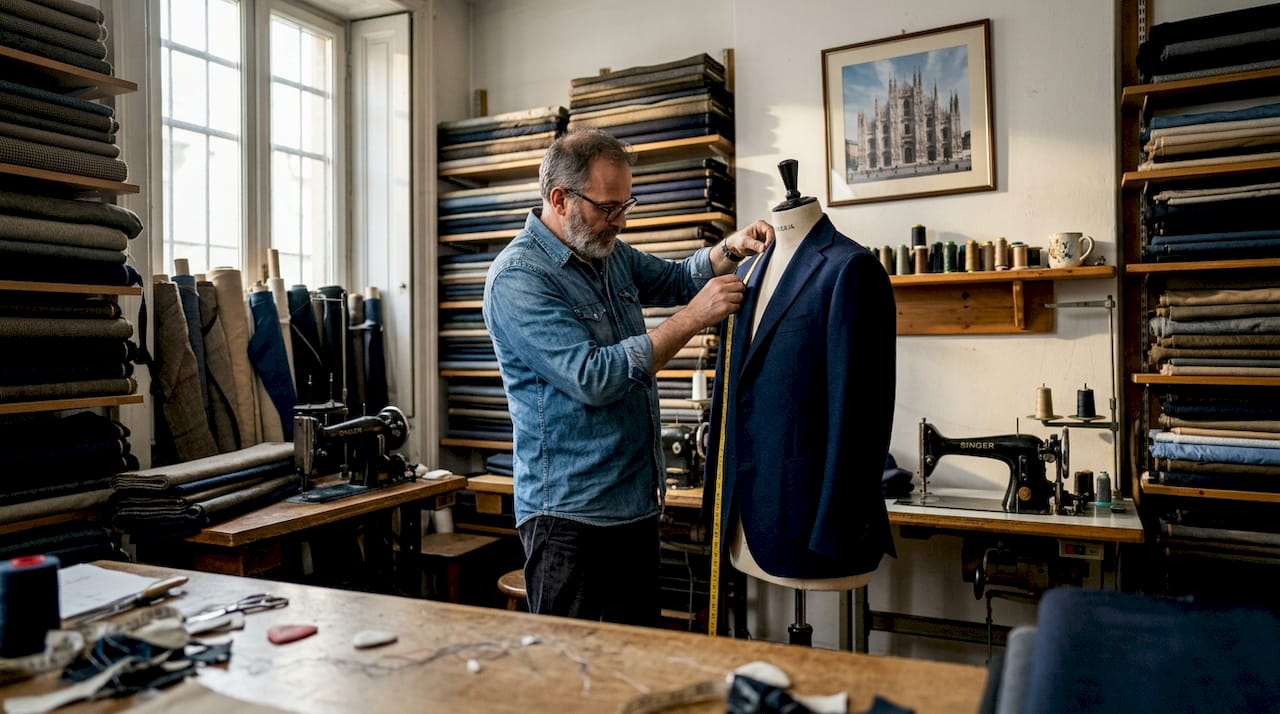 Tailor adjusting blazer in busy studio