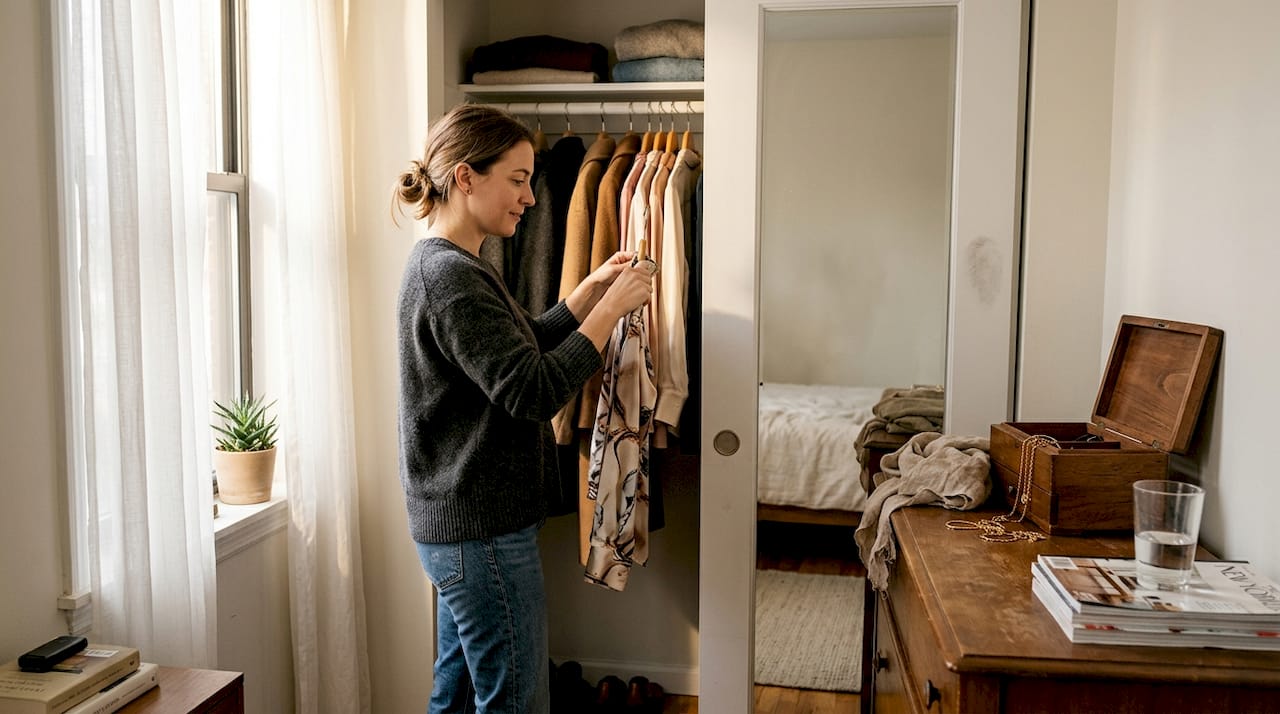 Woman sorting wardrobe in sunlit bedroom