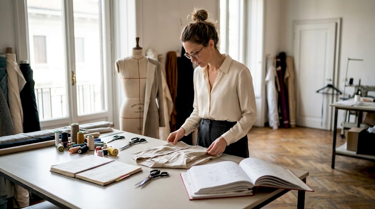 Designer reviewing hand-stitched garments in studio