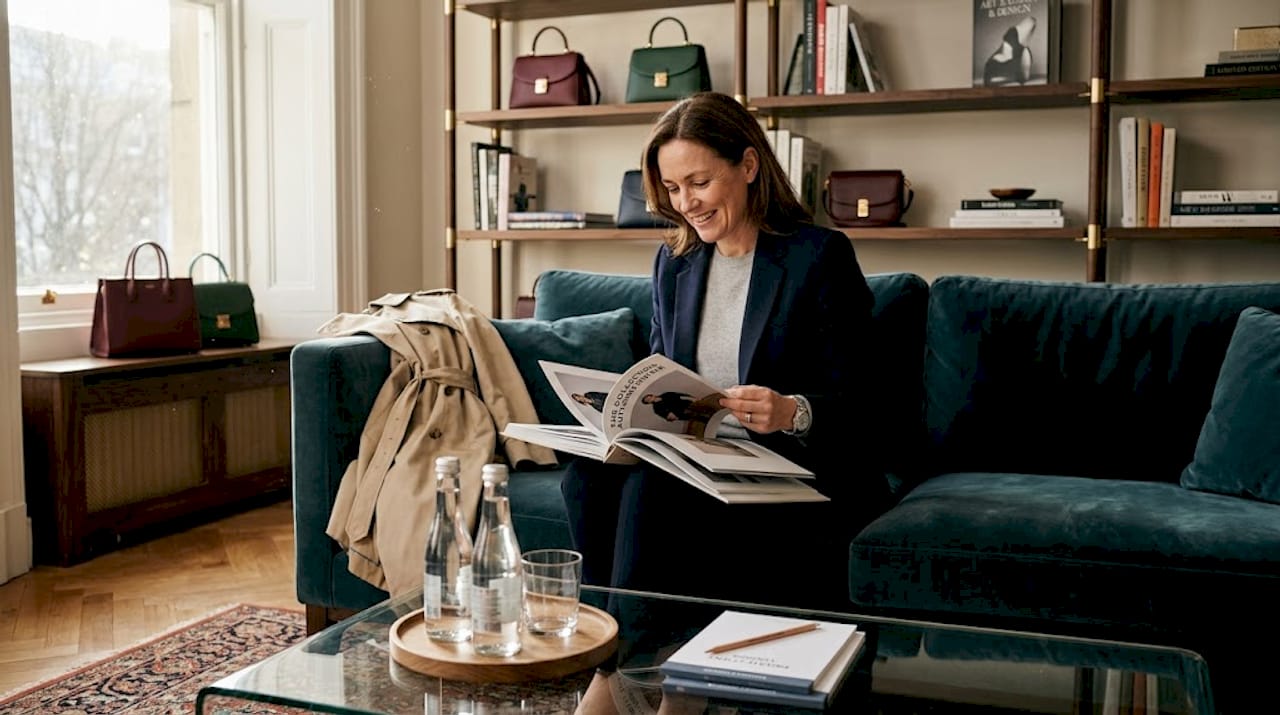 Client reading in luxury boutique lounge