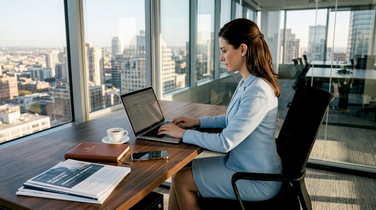 Woman in luxury skirt suit working in city office