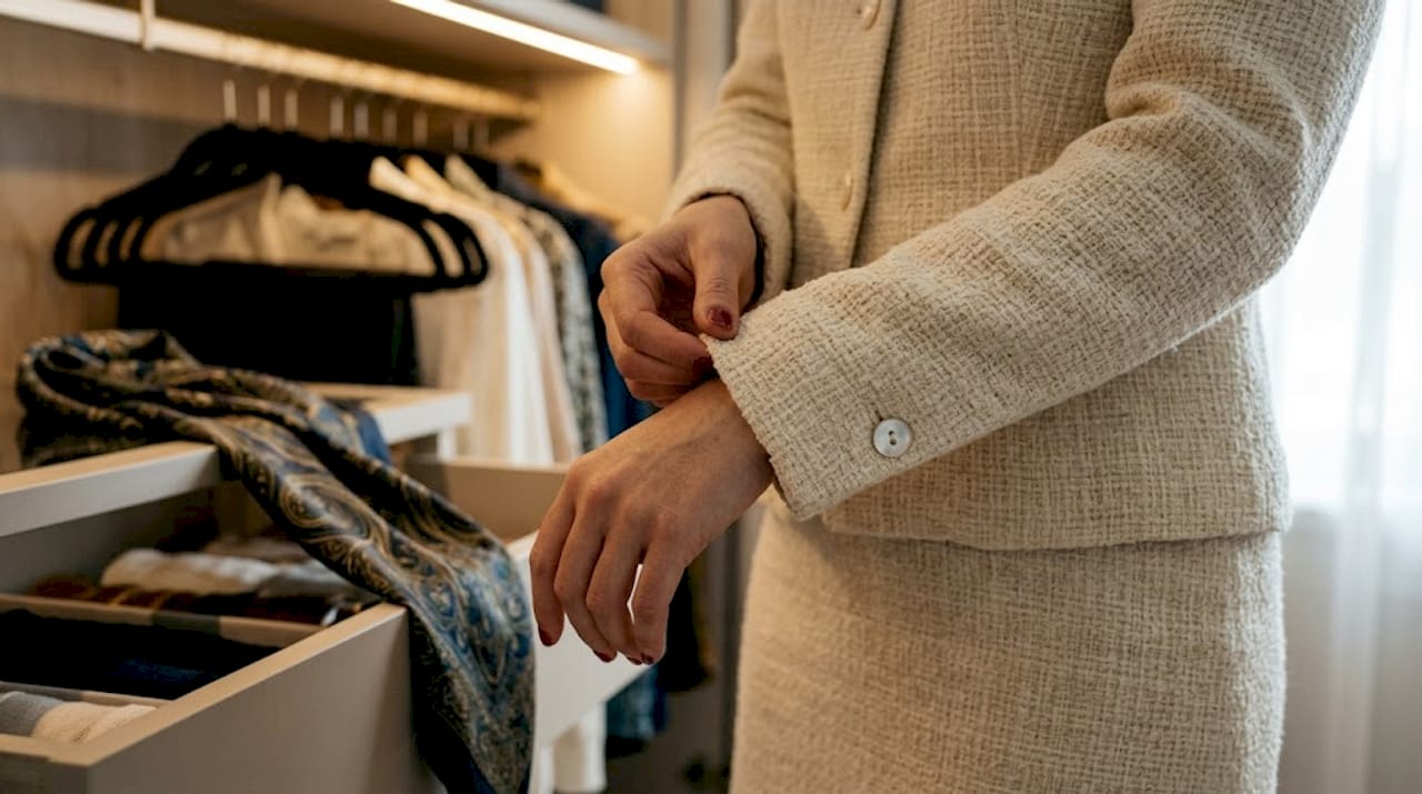 Hand adjusting cuff of luxury skirt suit