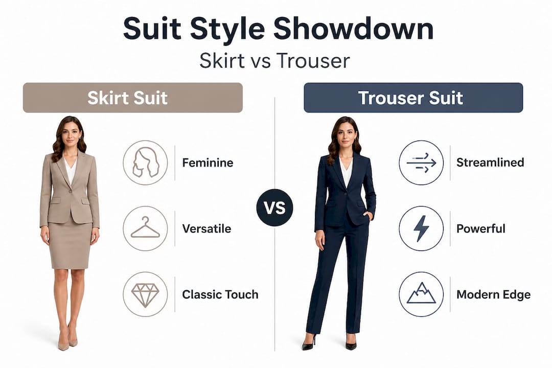 Infographic comparing skirt suits and trouser suits