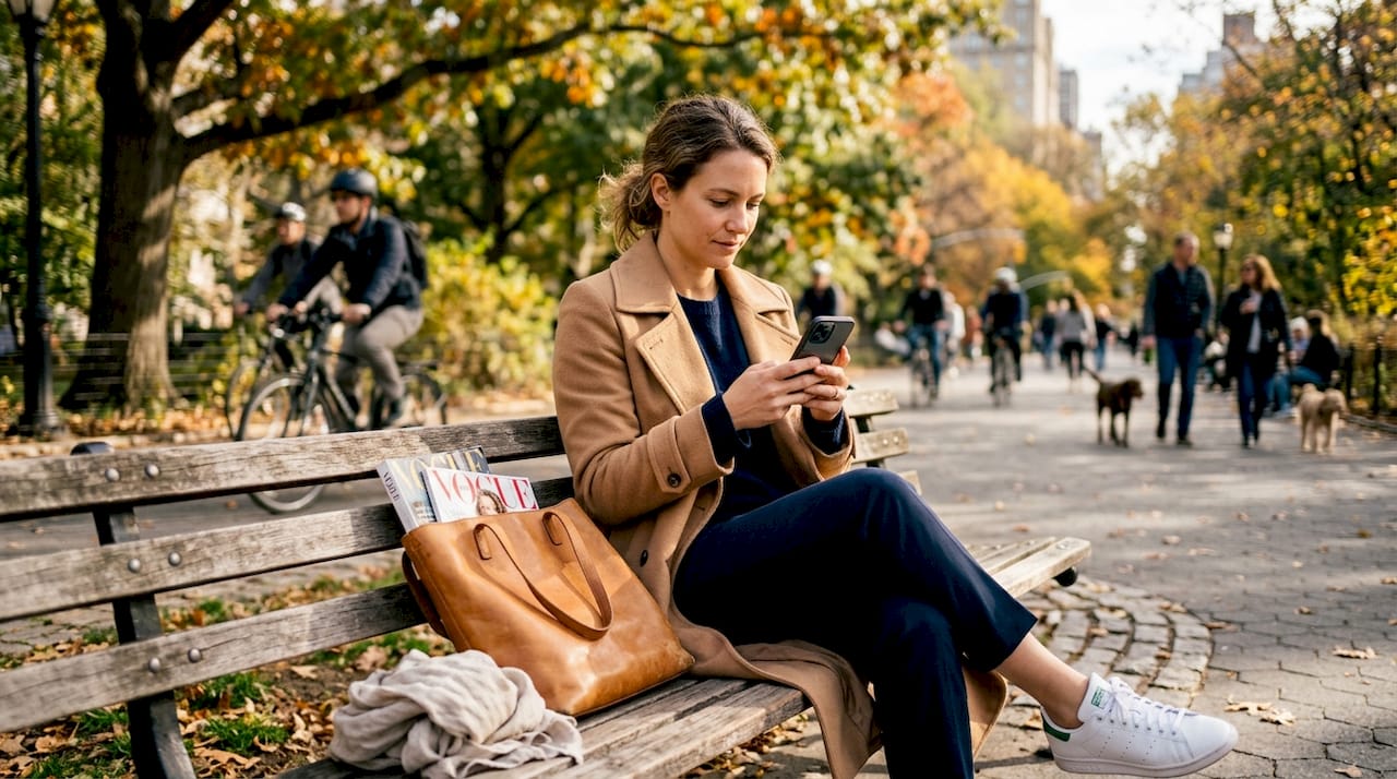 Woman in timeless fashion on city park bench