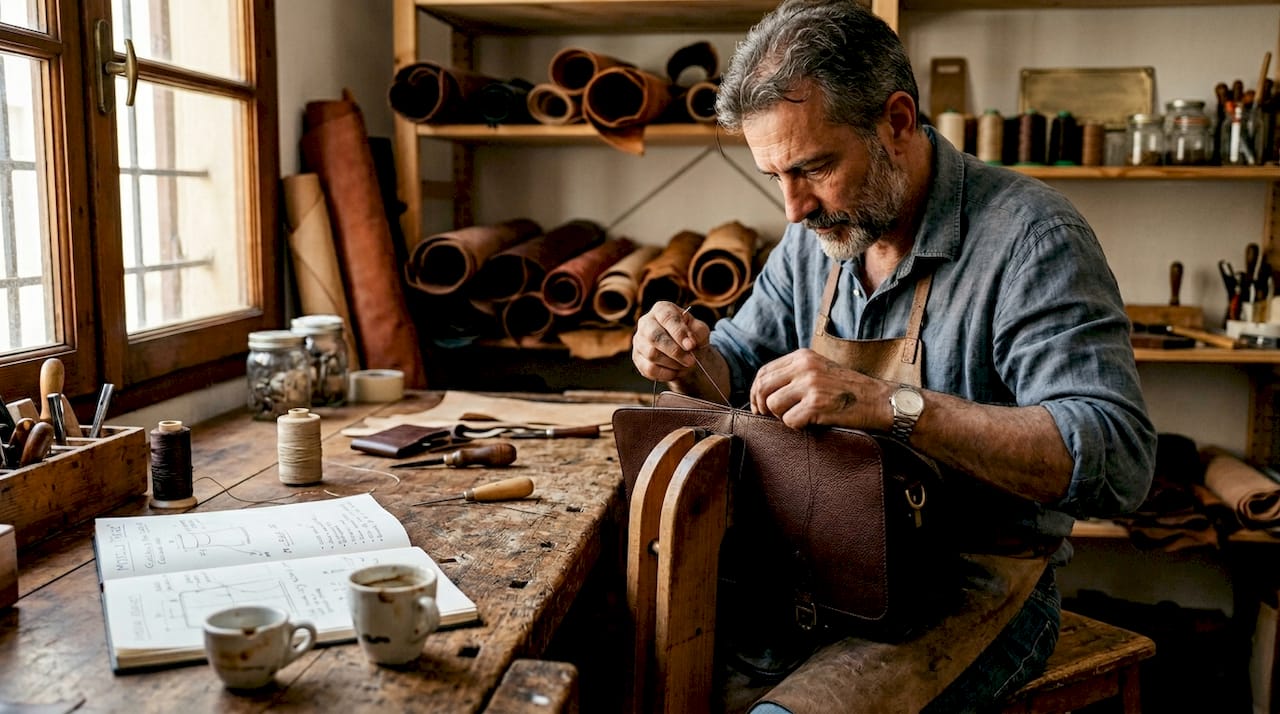 Artisan hand stitching leather bag in workshop