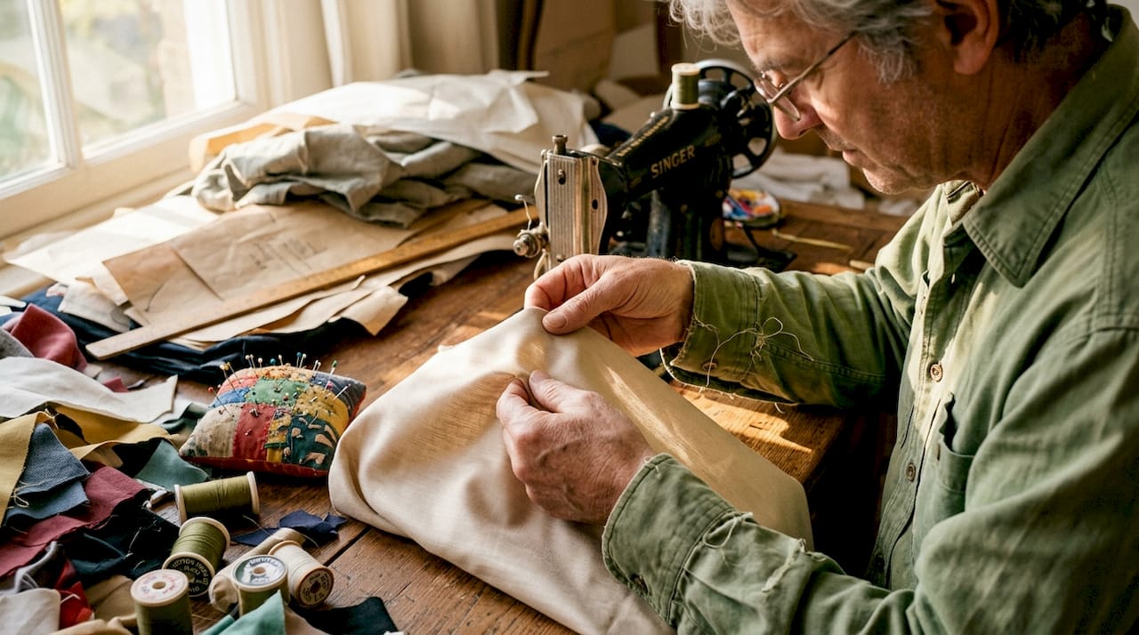 Tailor inspecting Filoscozia cotton fabric
