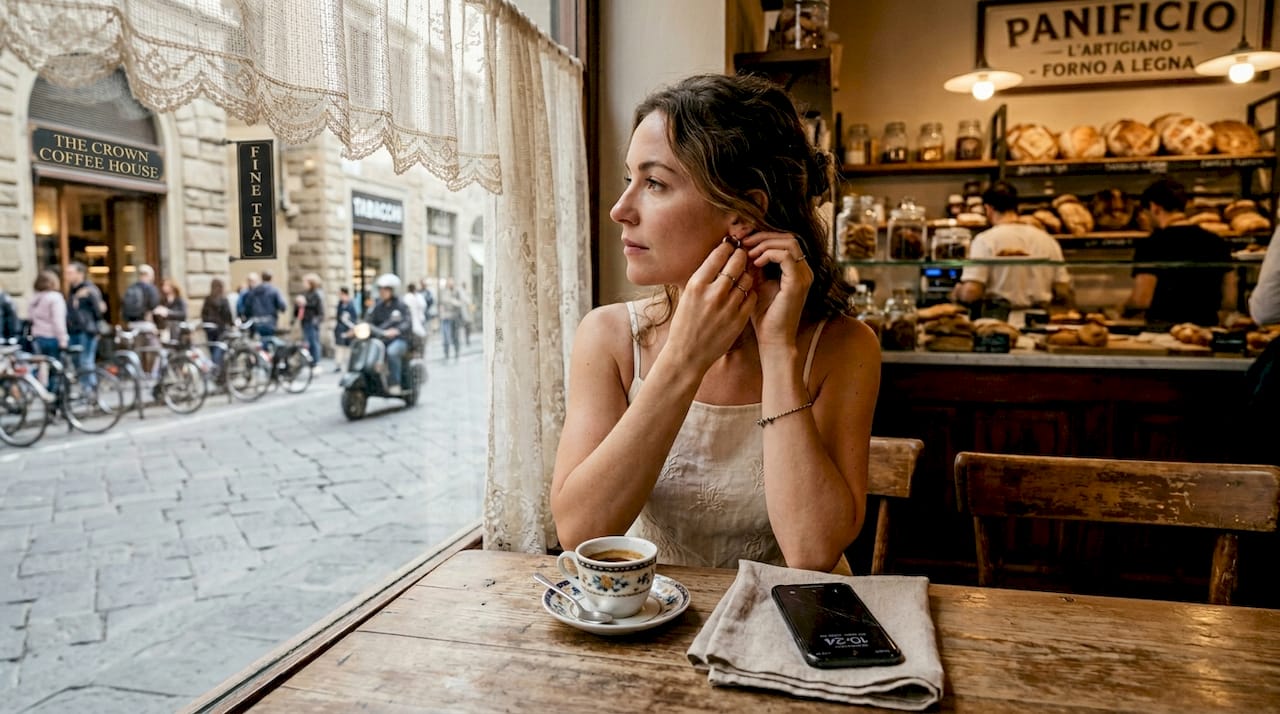 Woman in Italian spaghetti top in café