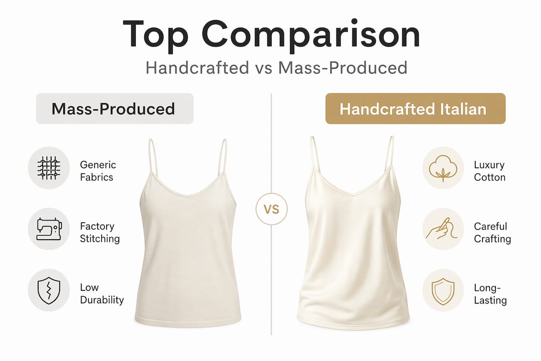 Infographic contrasting mass and handcrafted tops