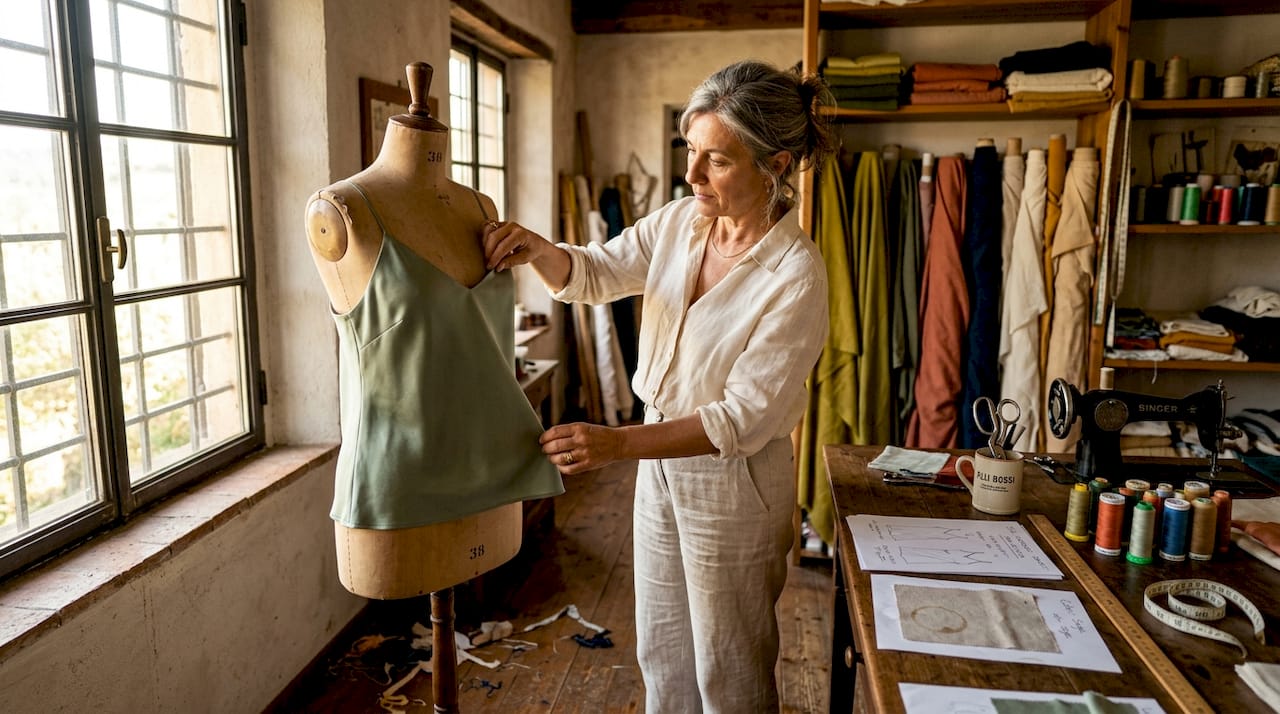 Artisan inspecting silk camisole in studio