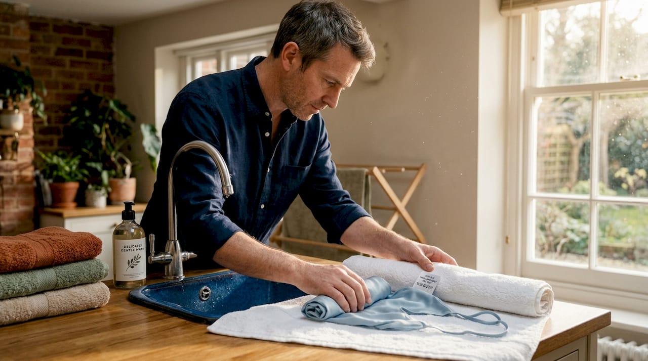 Man caring for silk camisole in laundry room