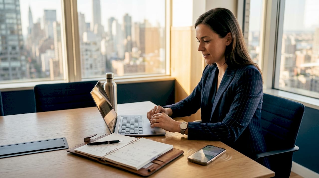 Woman in pinstripe suit working in urban office