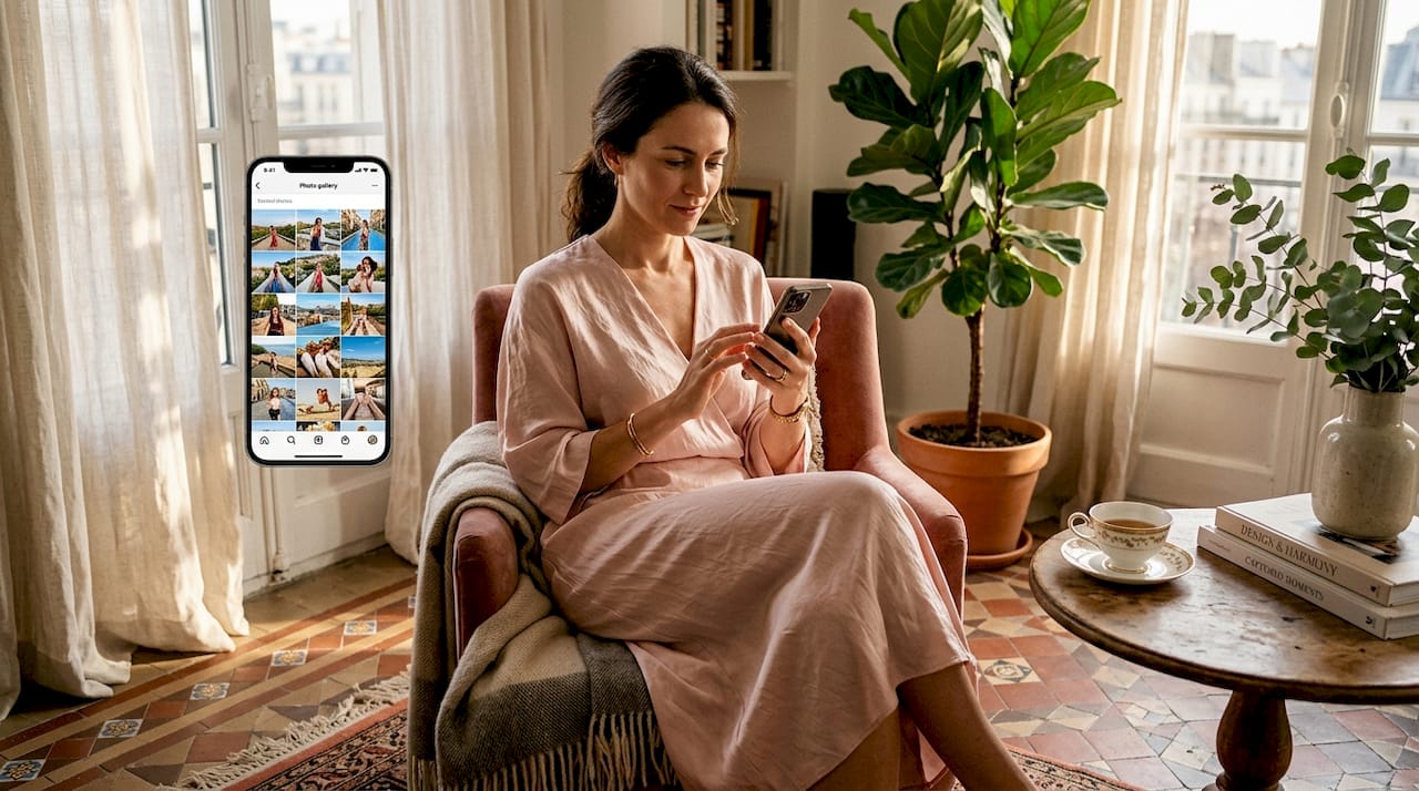 Woman styles luxury dress in living room