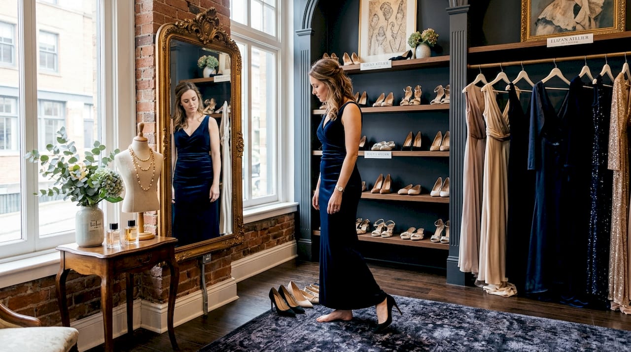 Woman chooses shoes for luxury dress