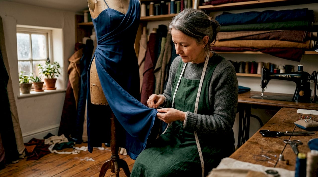 Tailor inspecting hand-stitched silk gown in atelier
