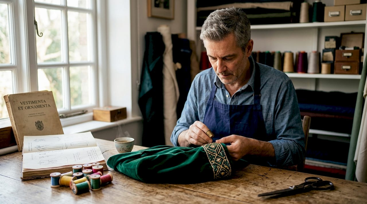 Artisan hand-sewing beading on velvet jacket