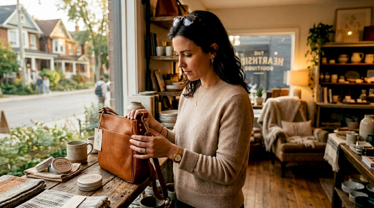 Woman checking luxury Italian leather handbag quality