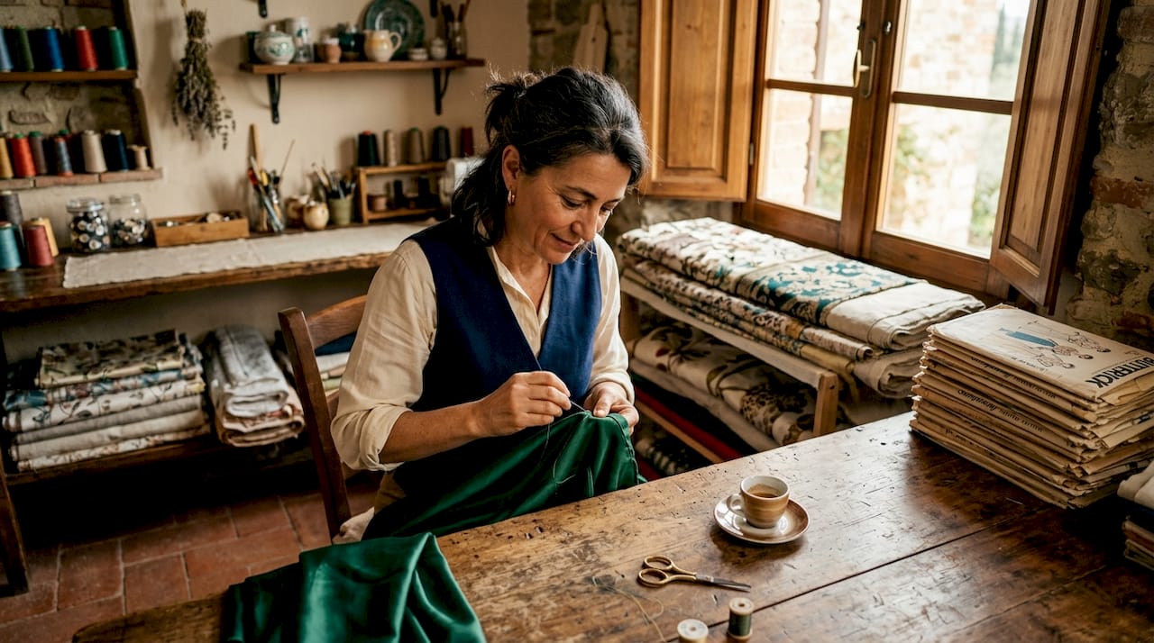 Italian couture artisan hand-stitching silk dress