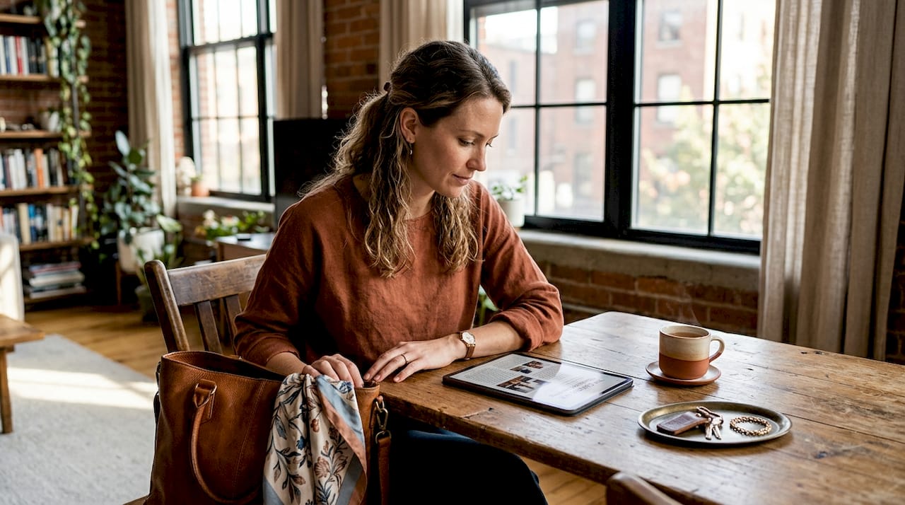 Woman uses luxury accessories at home table