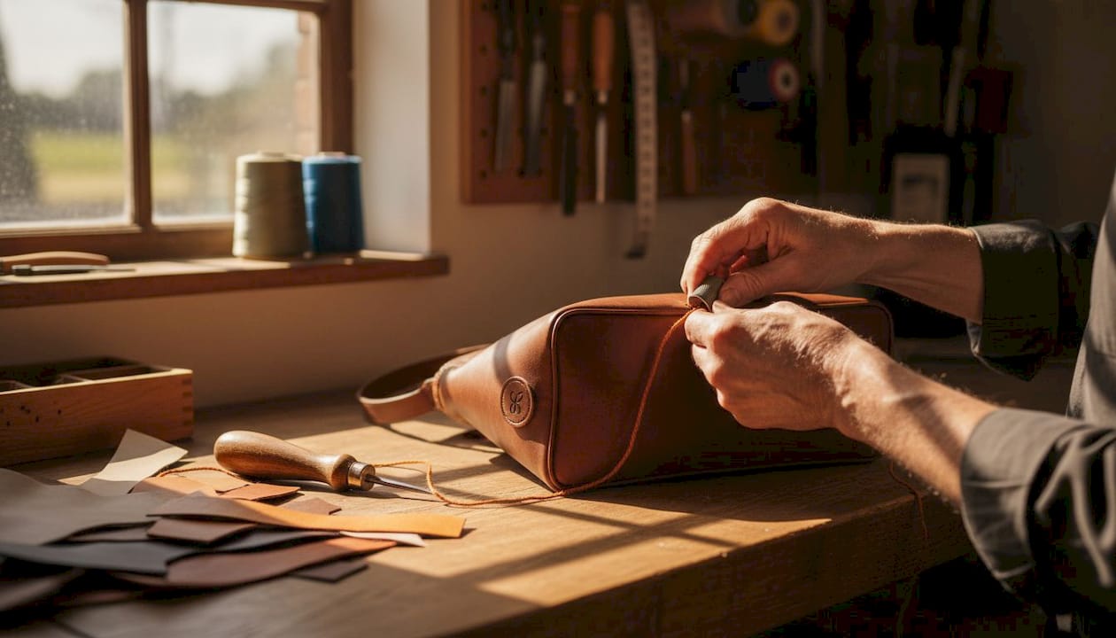 Hand-stitching leather handbag craftsmanship close-up