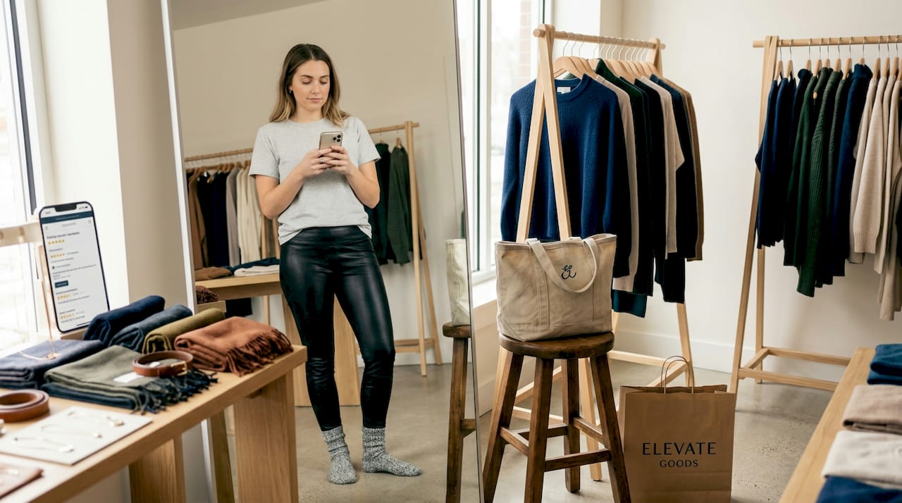 Woman checking leather leggings fit in boutique