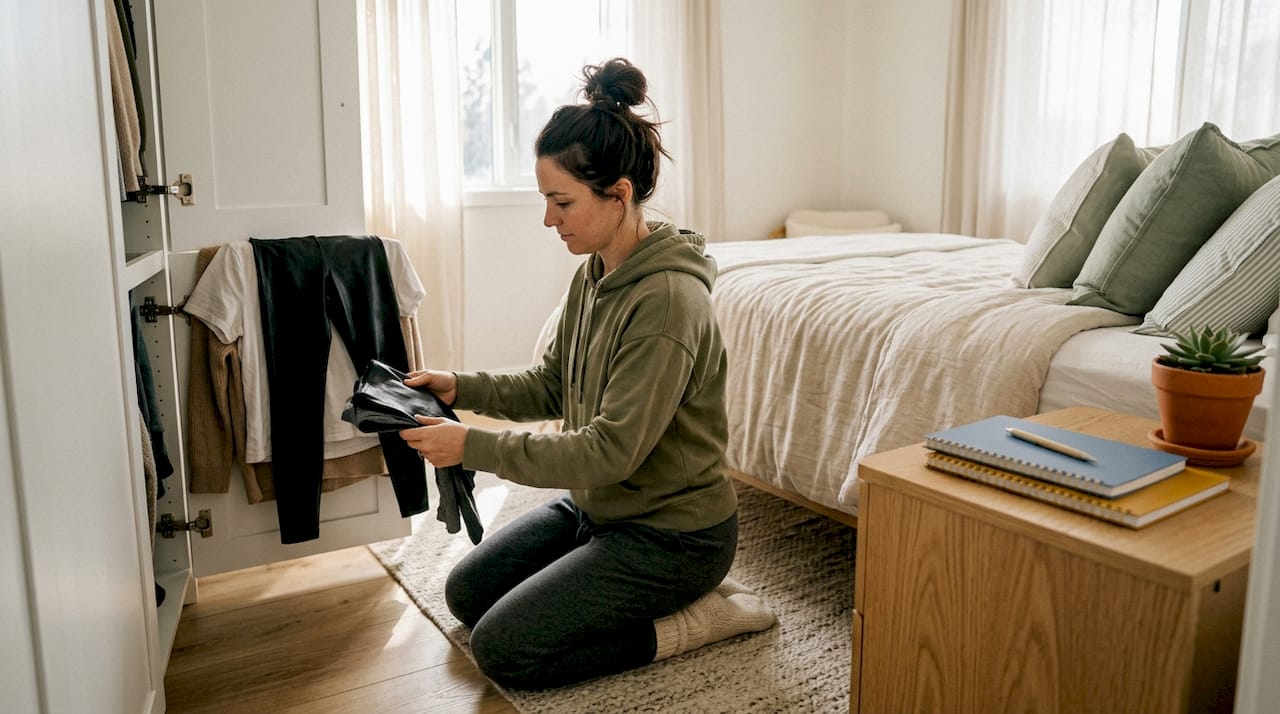 Woman sorts leather leggings in bedroom