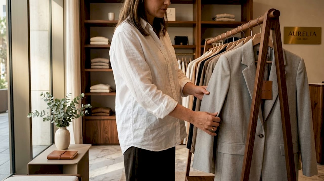 Boutique associate arranging minimalist blazers