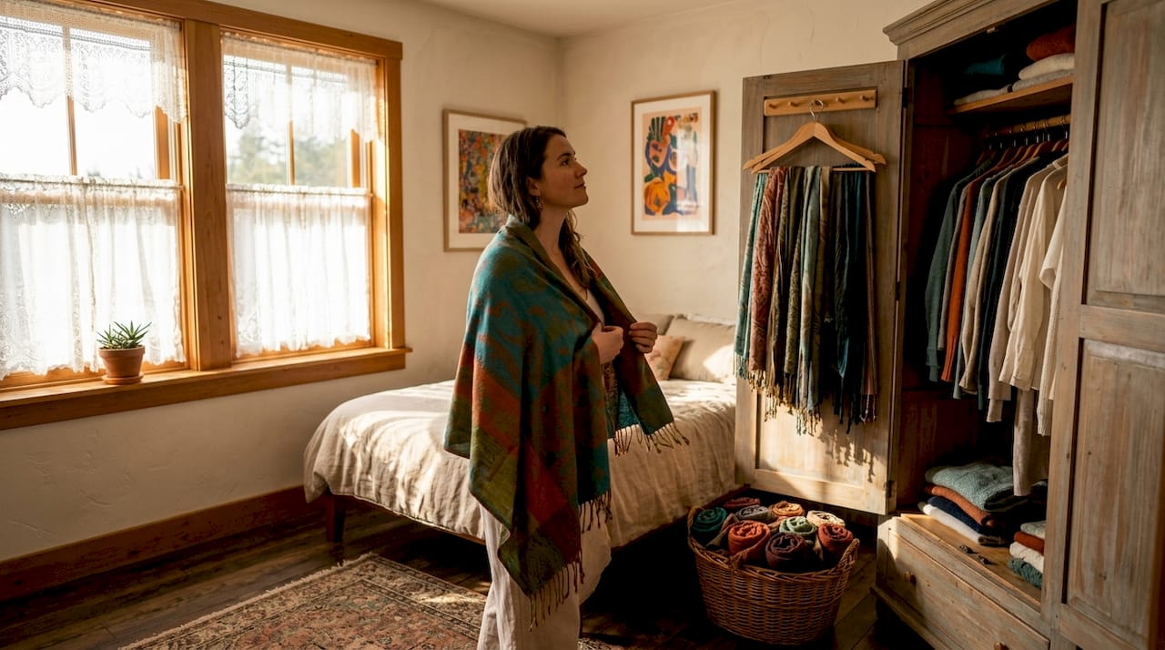 Woman draping colorful pashmina in living room