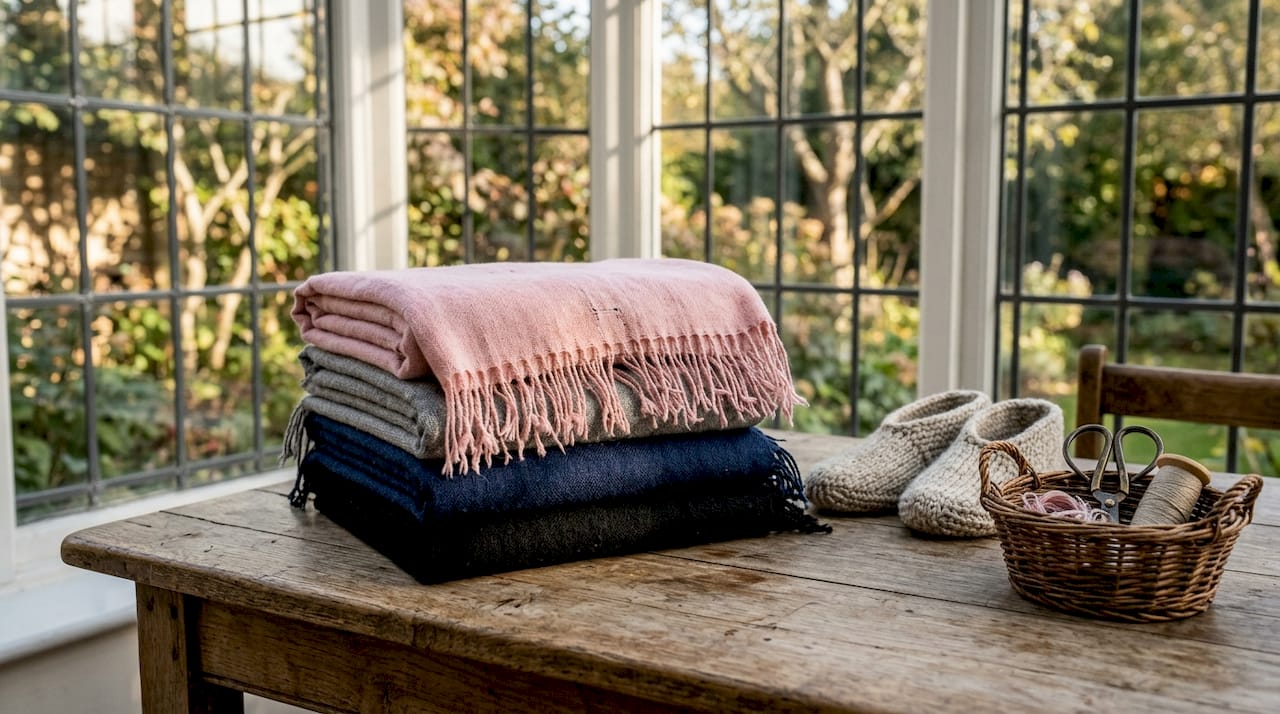 Variety of colorful pashminas on wooden bench