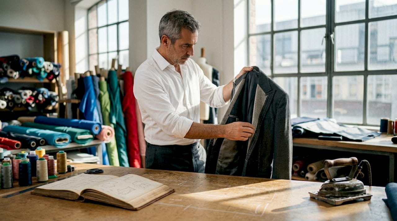 Tailor inspecting Dior Bar suit structure