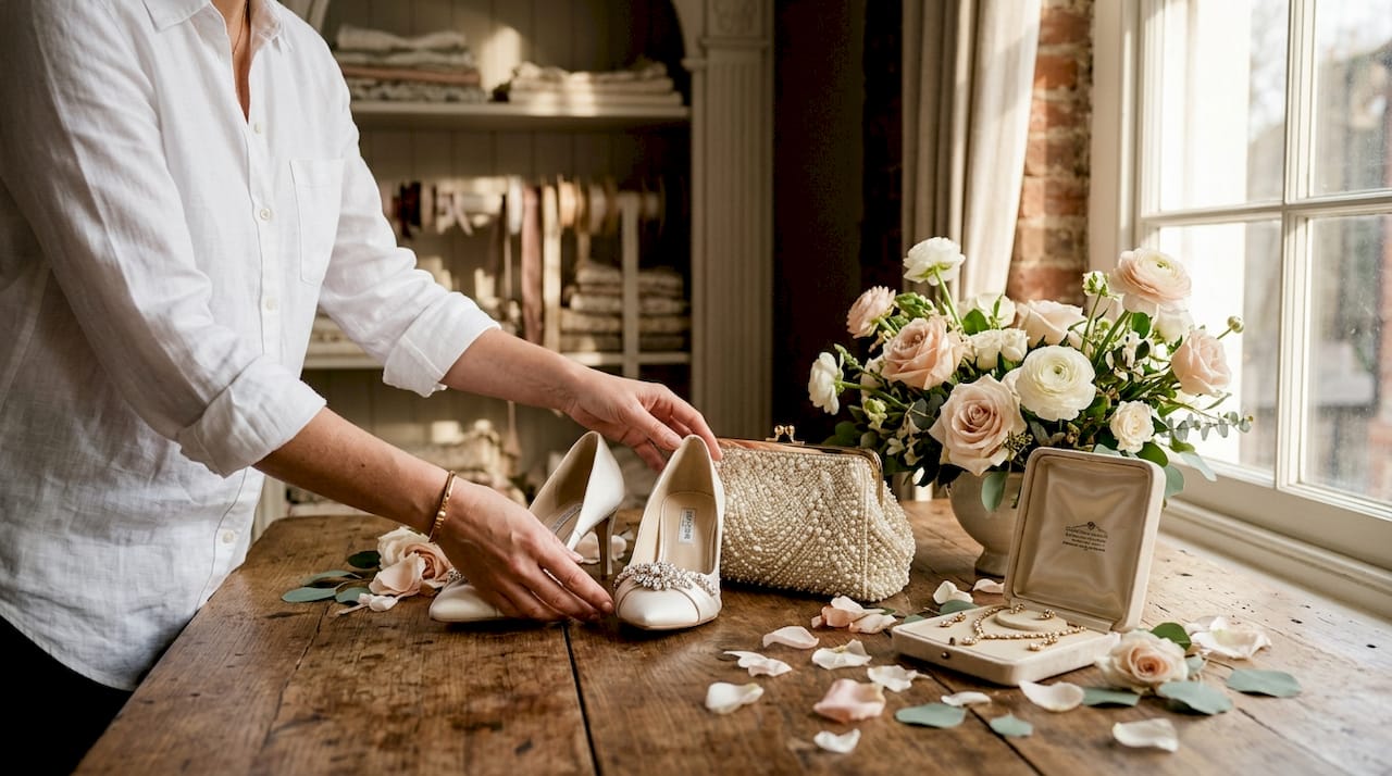 Arranging bridal shoes and luxury bag on studio table