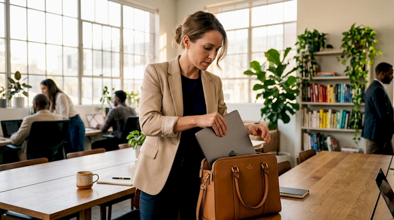 Woman fitting laptop into designer work bag