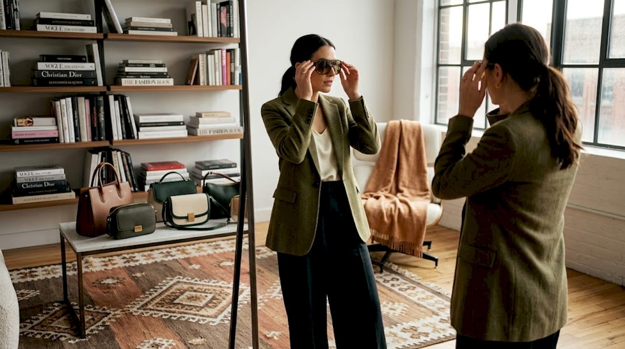 Woman testing oversized sunglasses in bedroom mirror