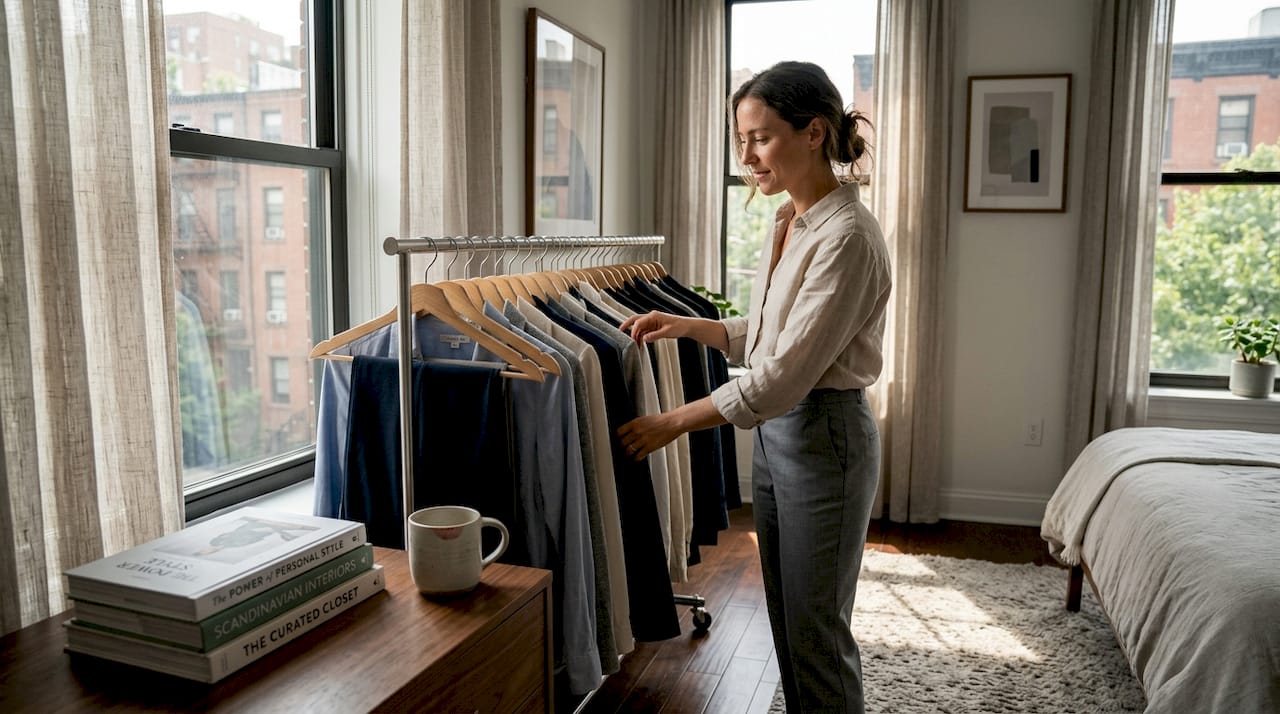 Woman choosing trousers from capsule wardrobe