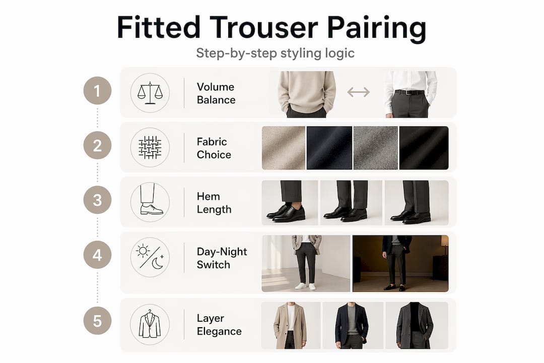 Infographic showing steps to pair fitted trousers