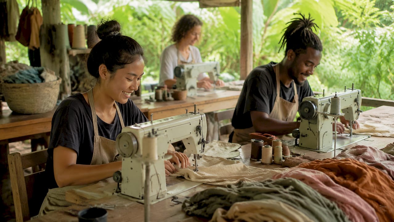 Hands sewing organic cotton garment in workshop