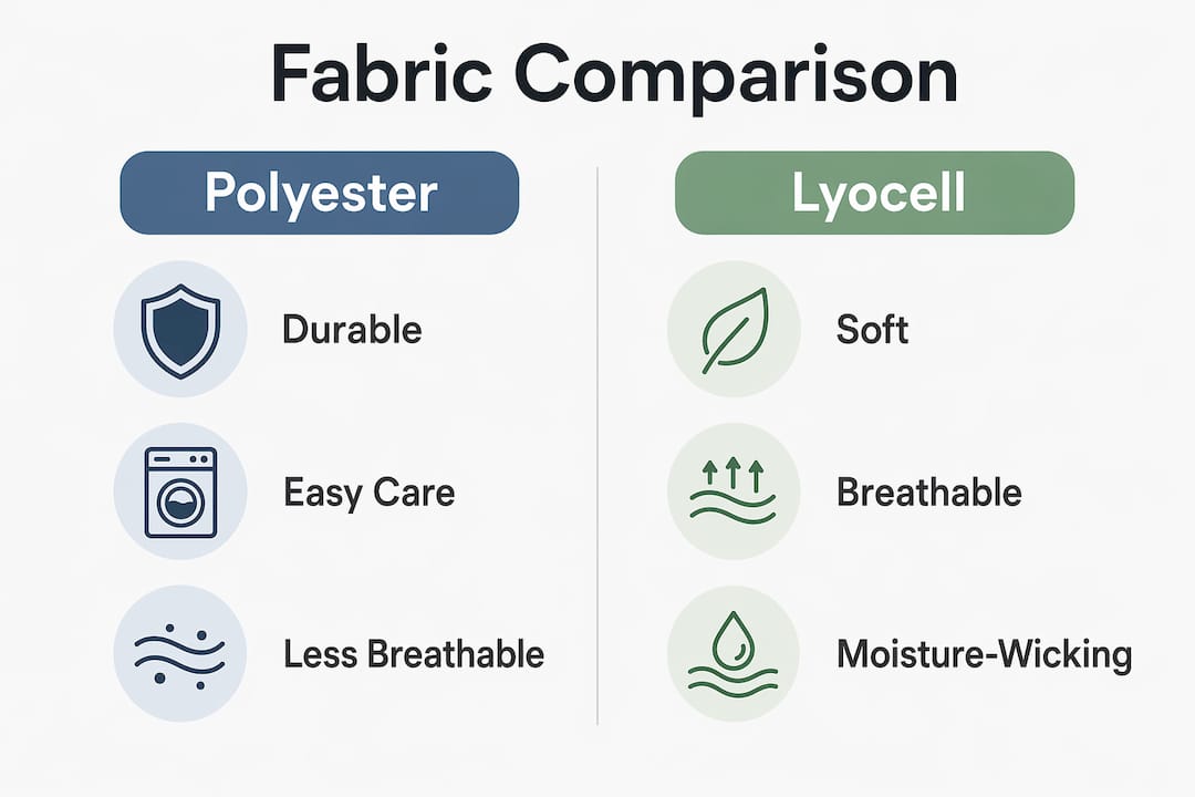 Infographic comparing polyester and lyocell fabrics for ruffle tops.