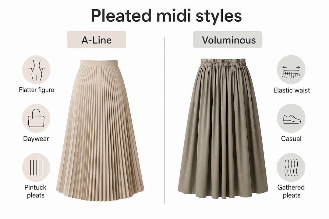 Infographic comparing A-line vs Voluminous pleated midi skirts