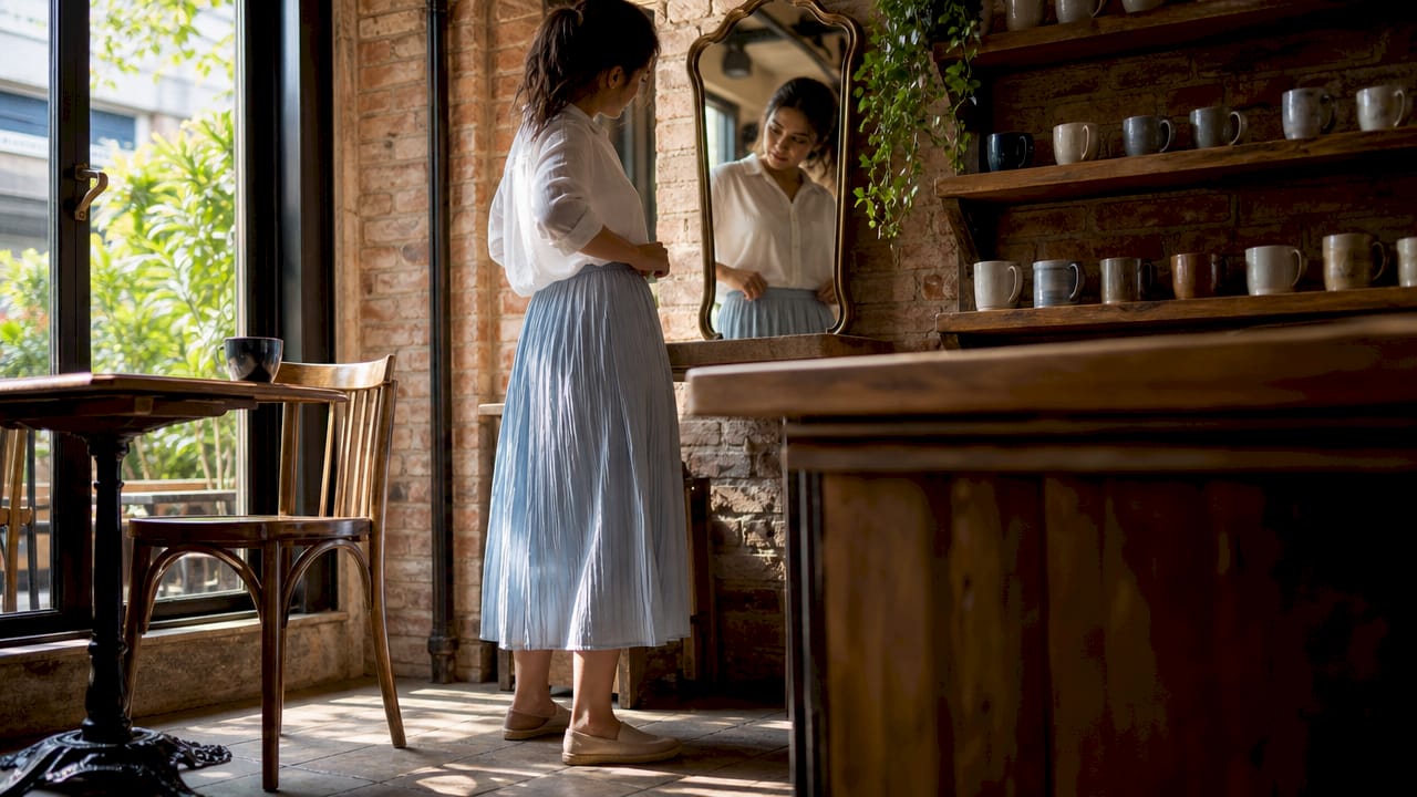 Woman adjusting pleated midi skirt indoors