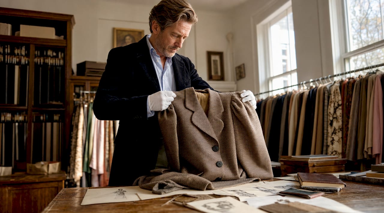 Fashion historian examining vintage jacket