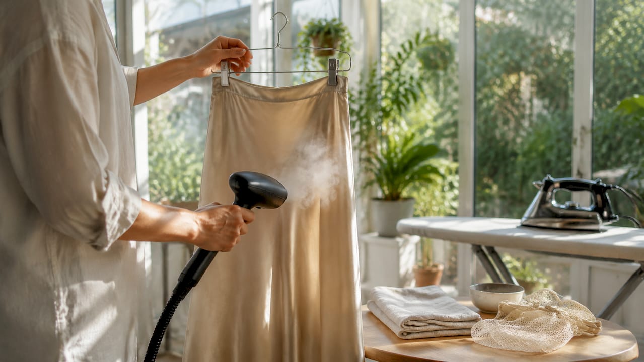 Hands steaming and ironing midi silk skirt gently