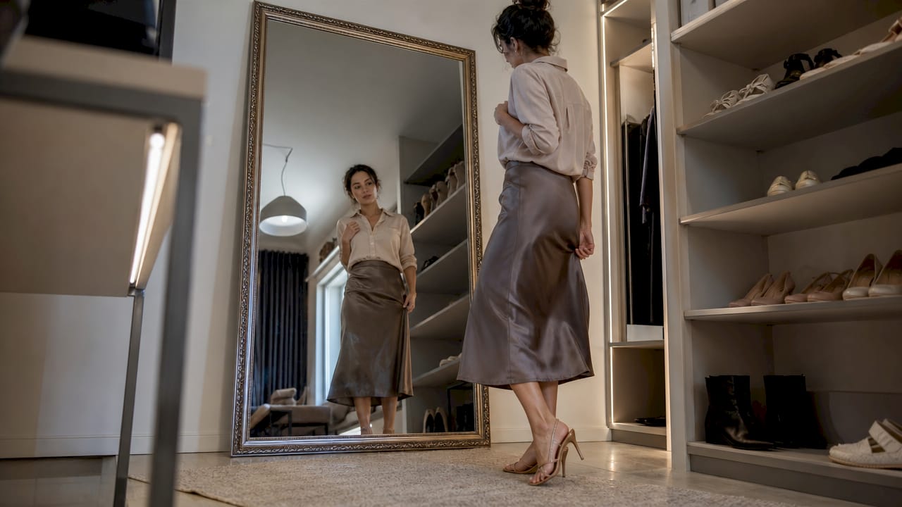 Woman styling midi silk skirt in bedroom mirror